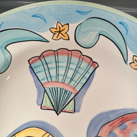 Bella Delray Nautical Seashell Salute Ceramic Platter Bowls Coastal Aqua Trim - Picture 16 of 16